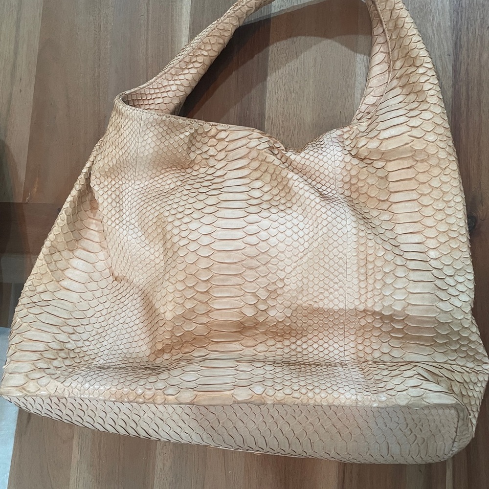 Tan Hobo Bag with Snakeskin Texture and Slouchy Silhouette